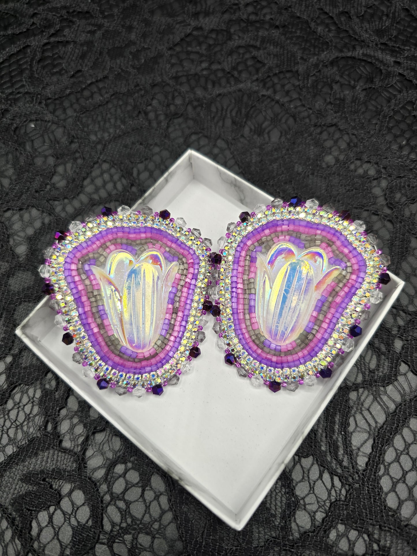Purple Flower Beaded Earrings