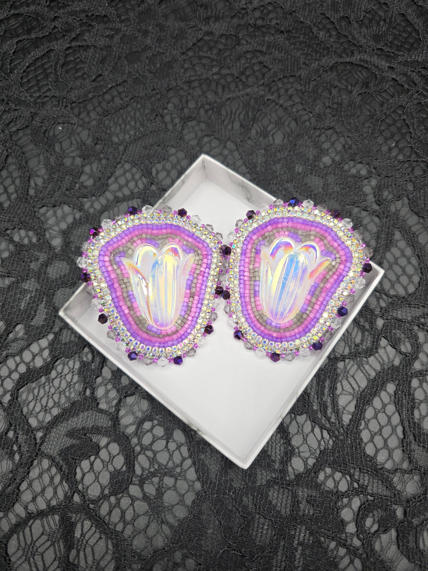 Purple Flower Beaded Earrings