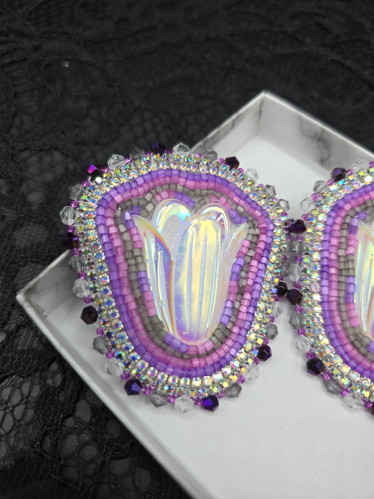 Purple Flower Beaded Earrings
