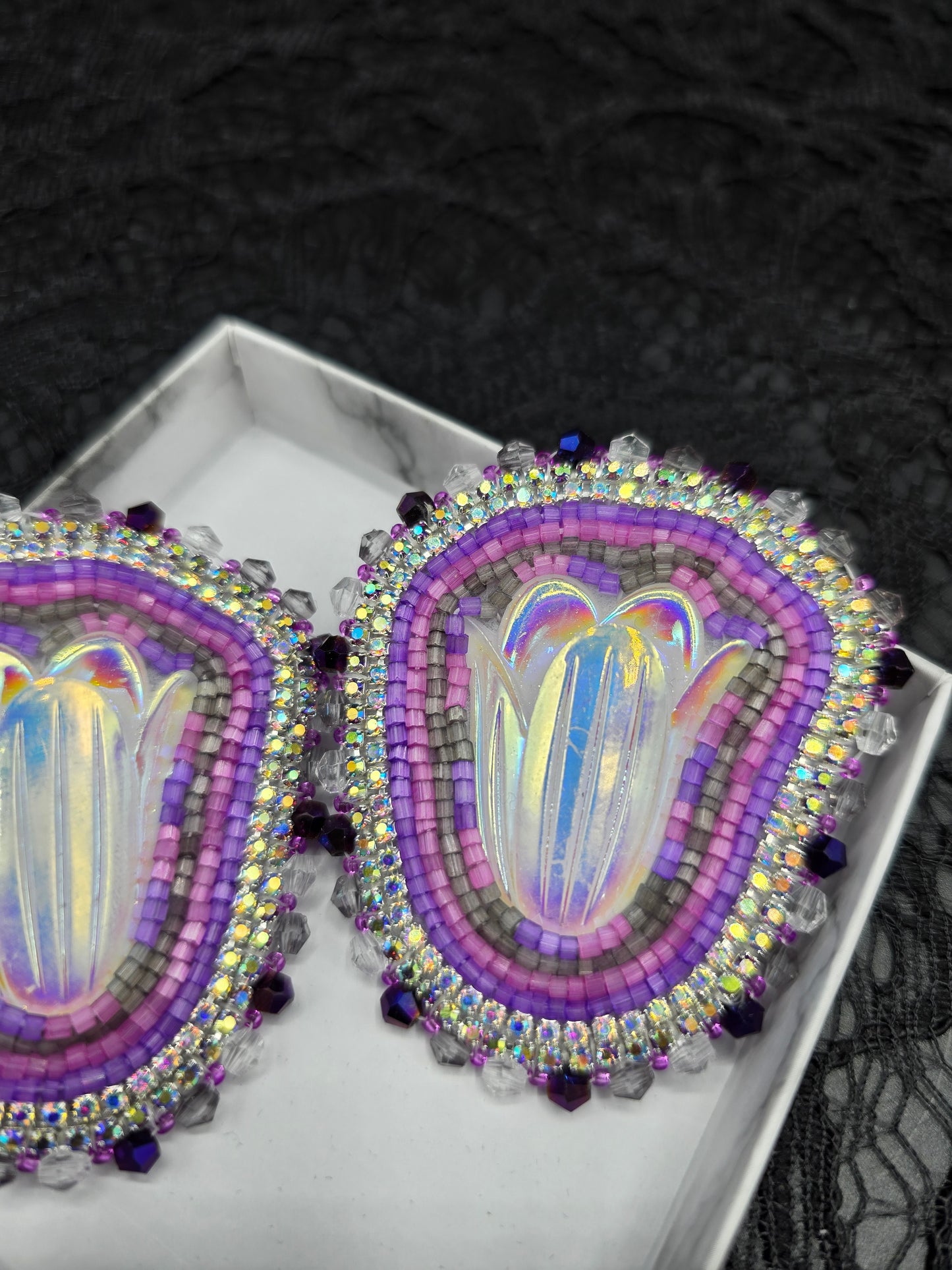 Purple Flower Beaded Earrings