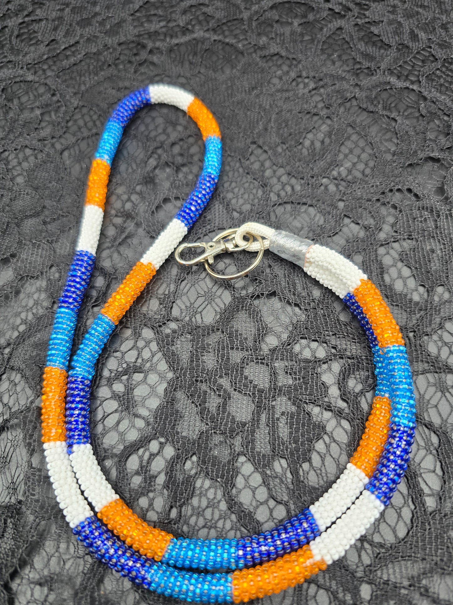 Blue, Orange and White Beaded Keychain Lanyard
