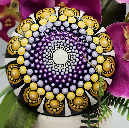 Celina Miller Art - Black, Yellow and Purple Mandala Stone