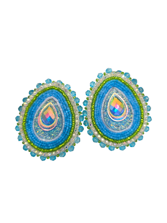 Blue, green and White Peacock Beaded Earrings
