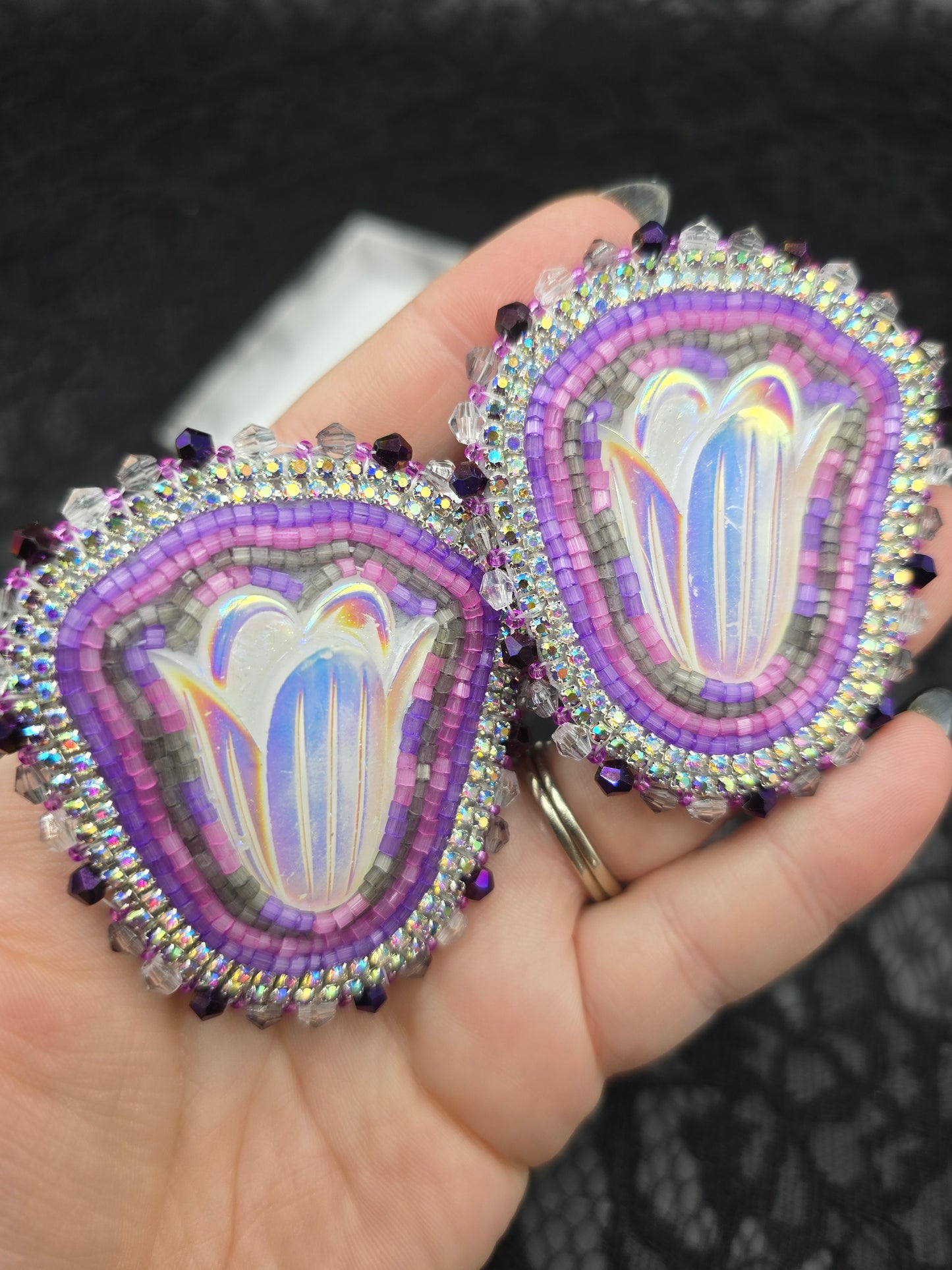 Purple Flower Beaded Earrings