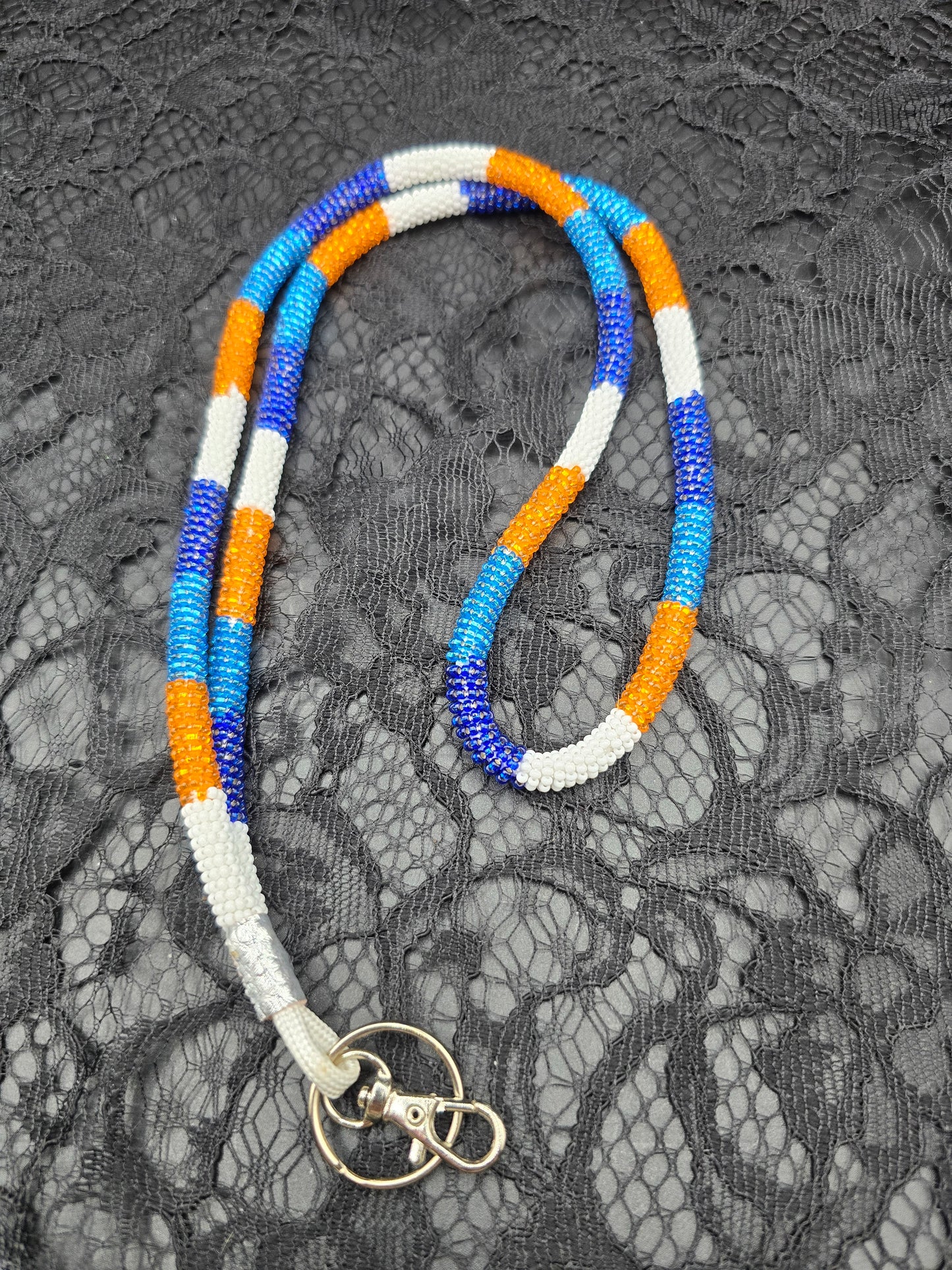 Blue, Orange and White Beaded Keychain Lanyard