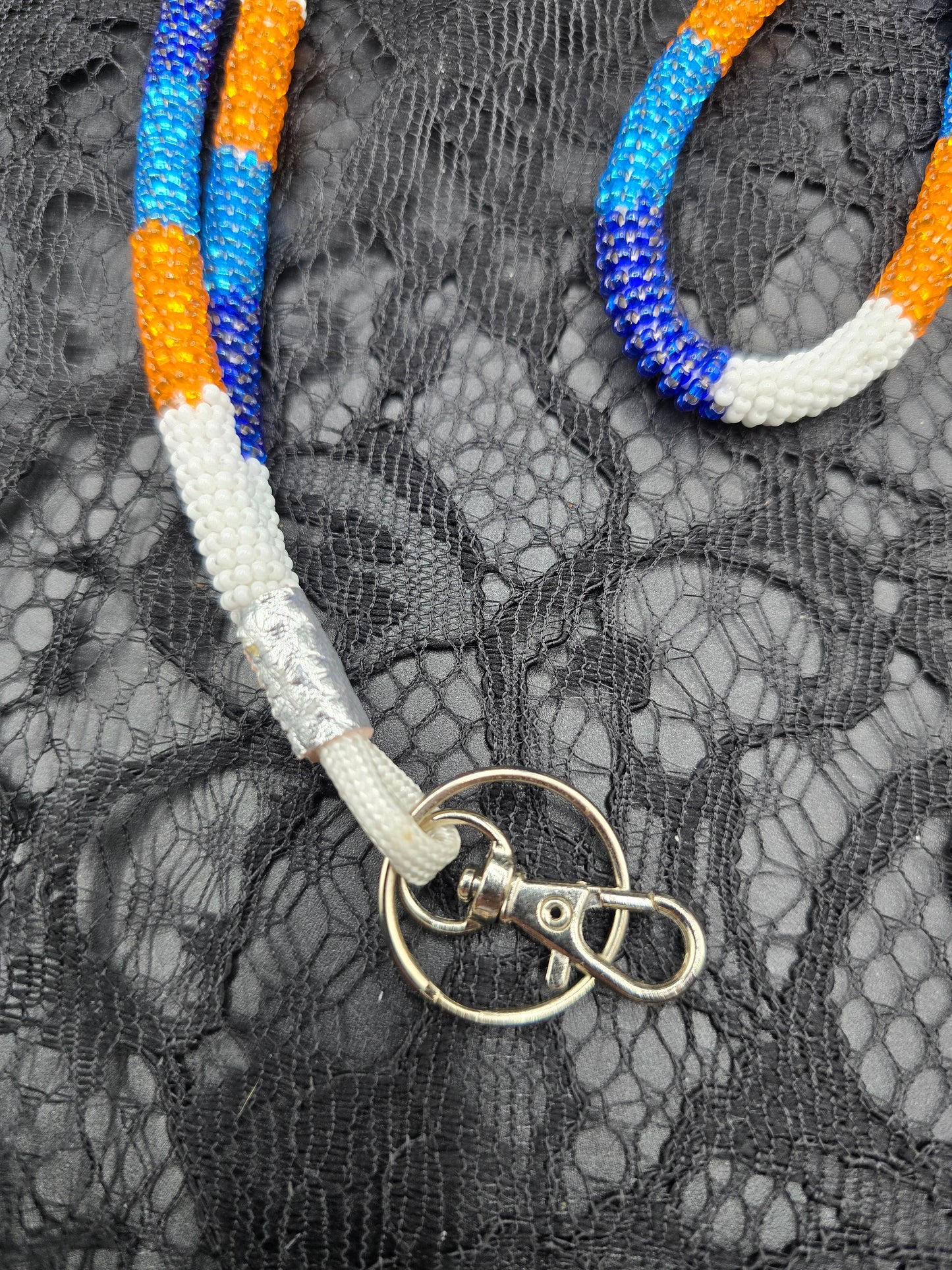 Blue, Orange and White Beaded Keychain Lanyard