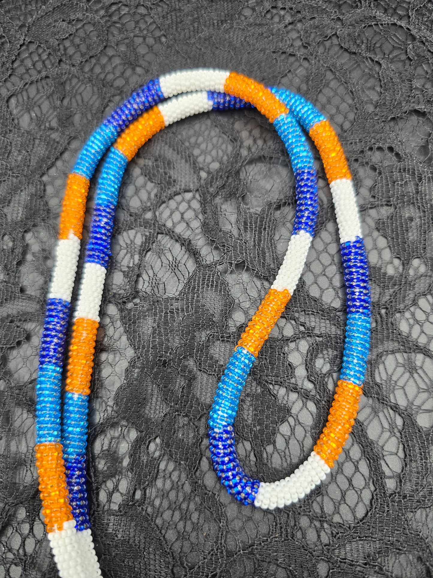 Blue, Orange and White Beaded Keychain Lanyard