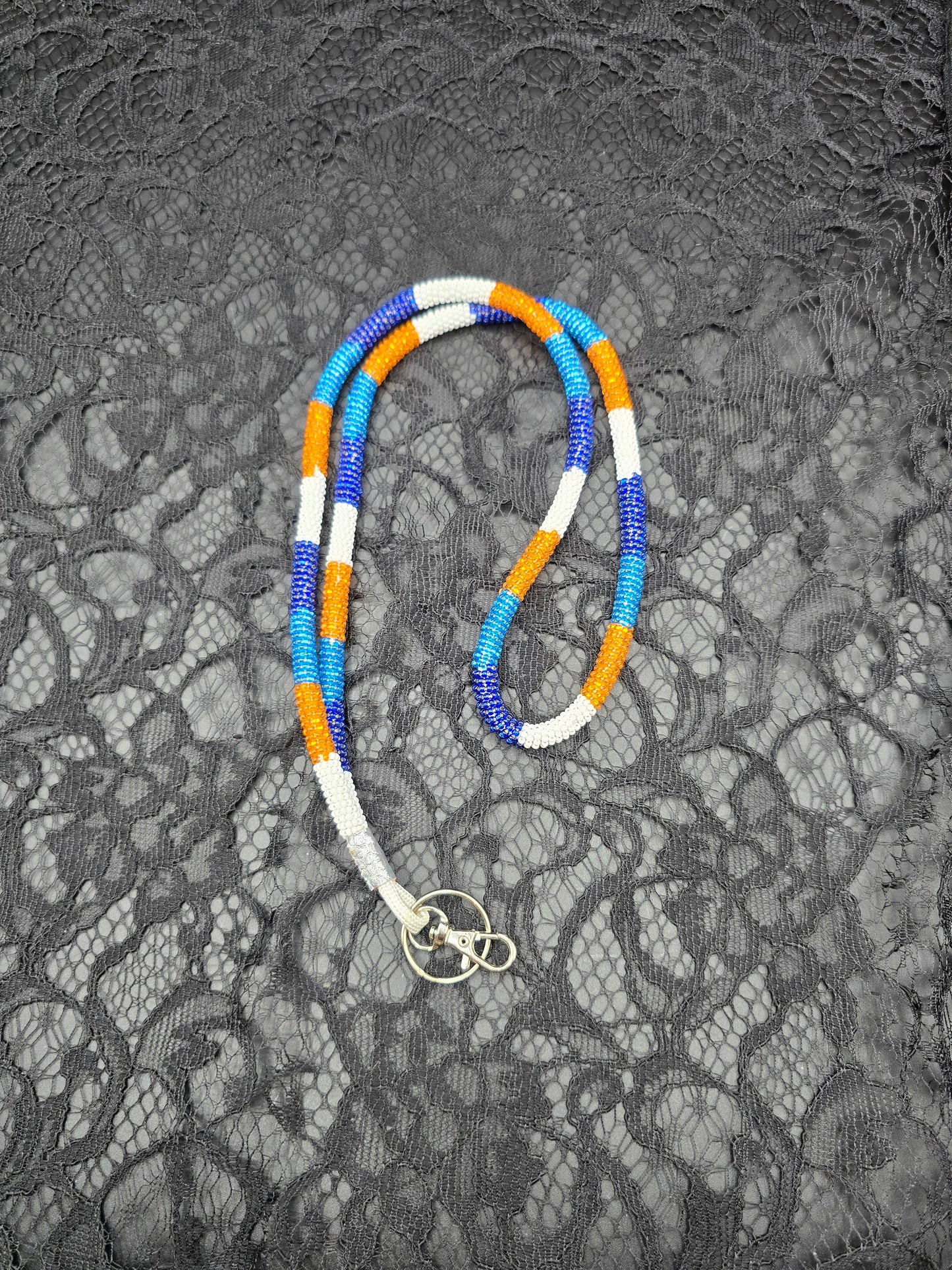 Blue, Orange and White Beaded Keychain Lanyard