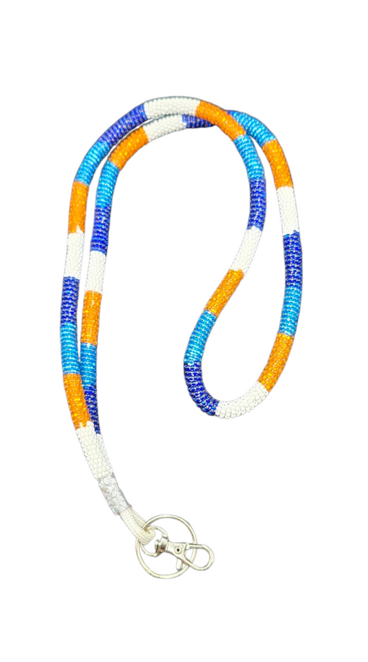 Blue, Orange and White Beaded Keychain Lanyard