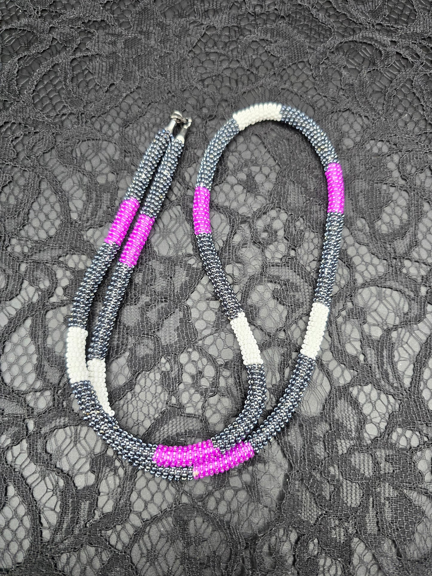 Purple, Black and White Beaded Necklace