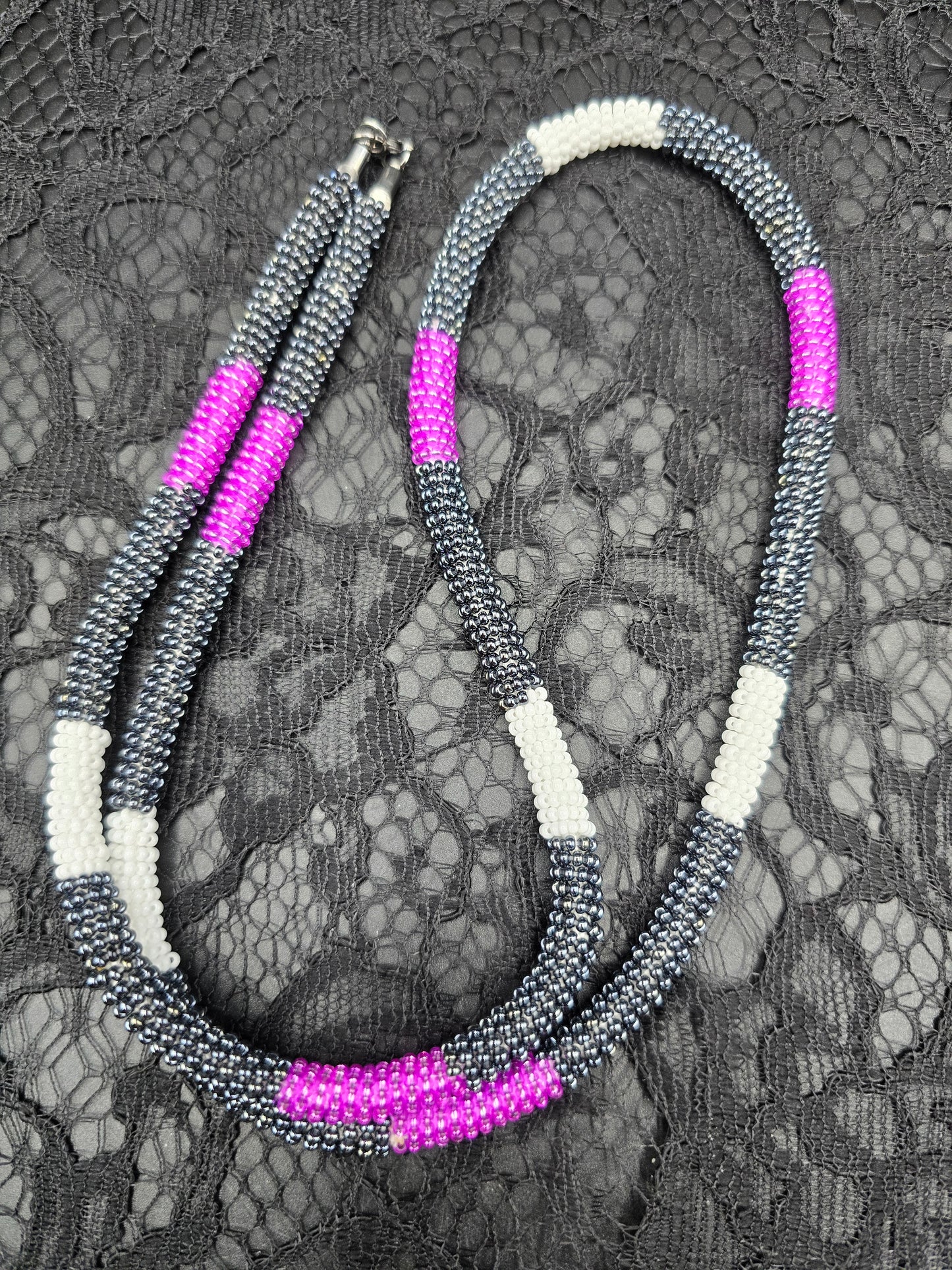 Purple, Black and White Beaded Necklace