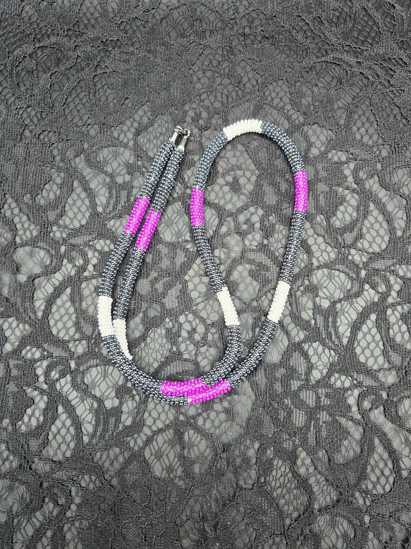 Purple, Black and White Beaded Necklace
