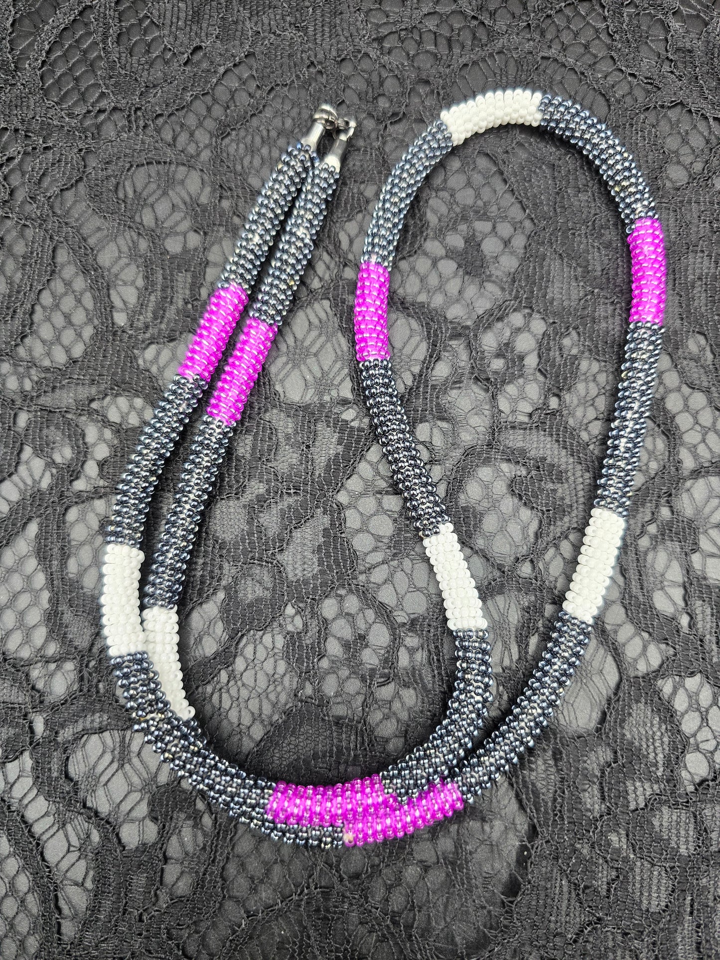 Purple, Black and White Beaded Necklace
