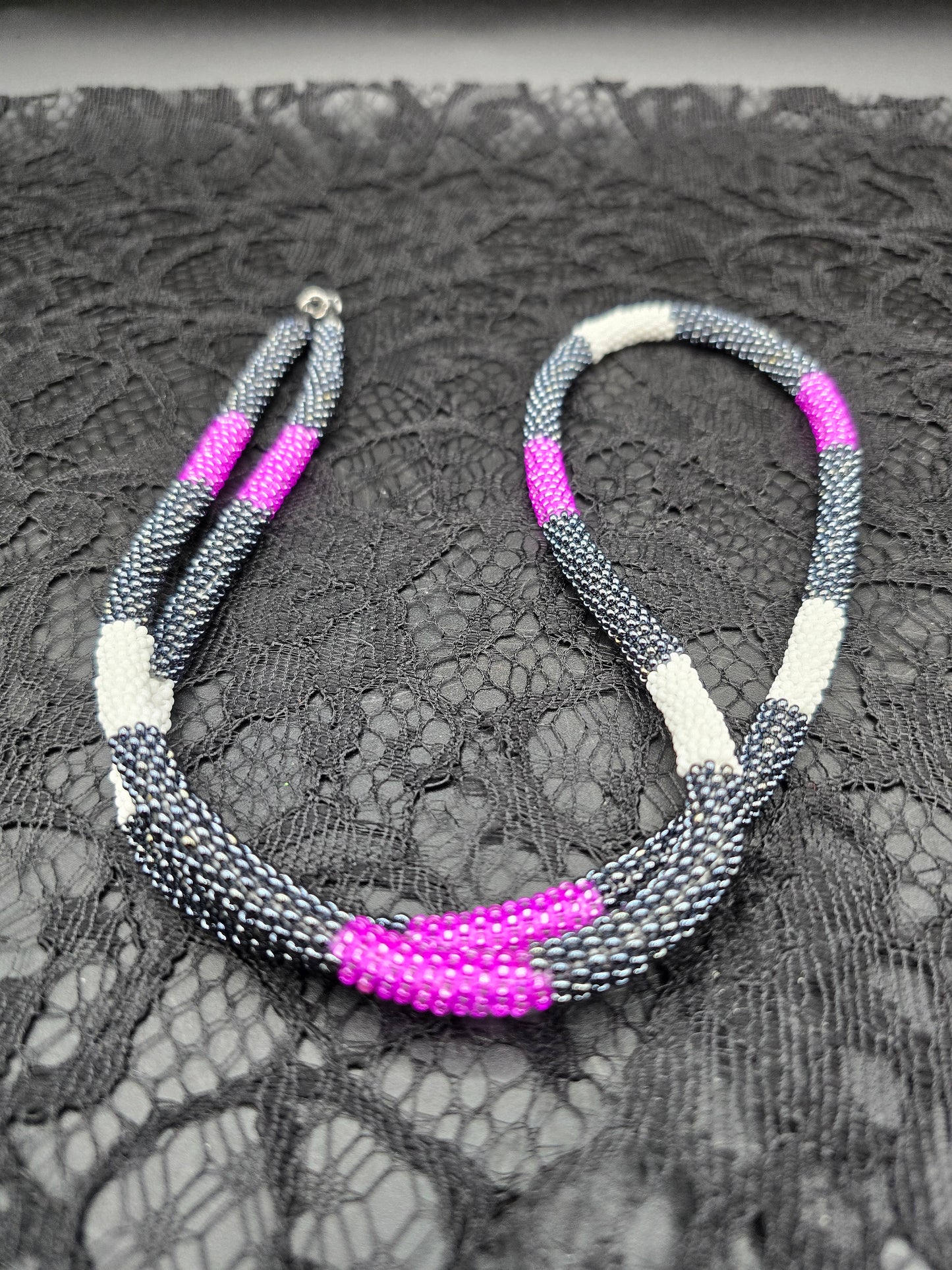 Purple, Black and White Beaded Necklace