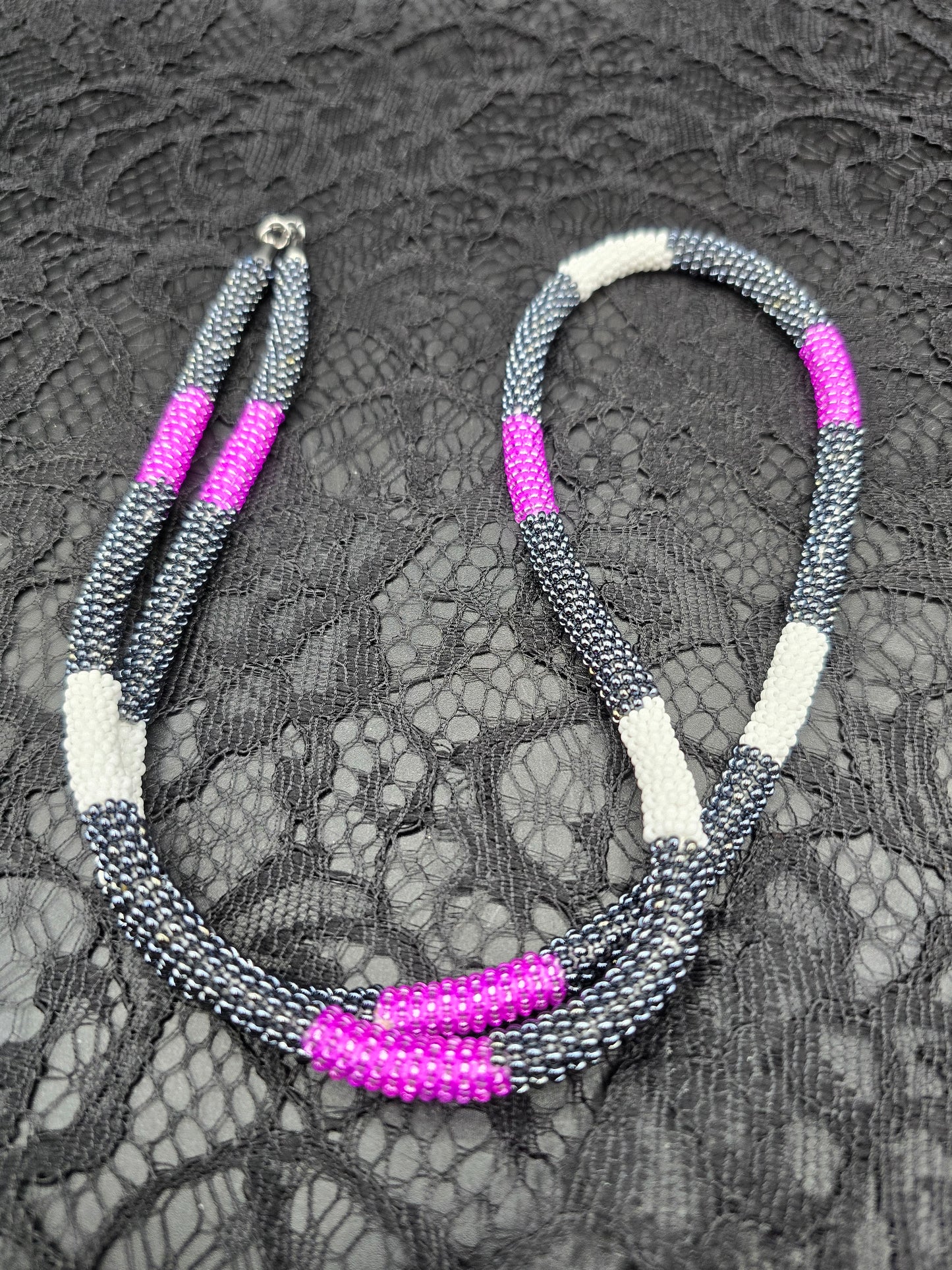 Purple, Black and White Beaded Necklace