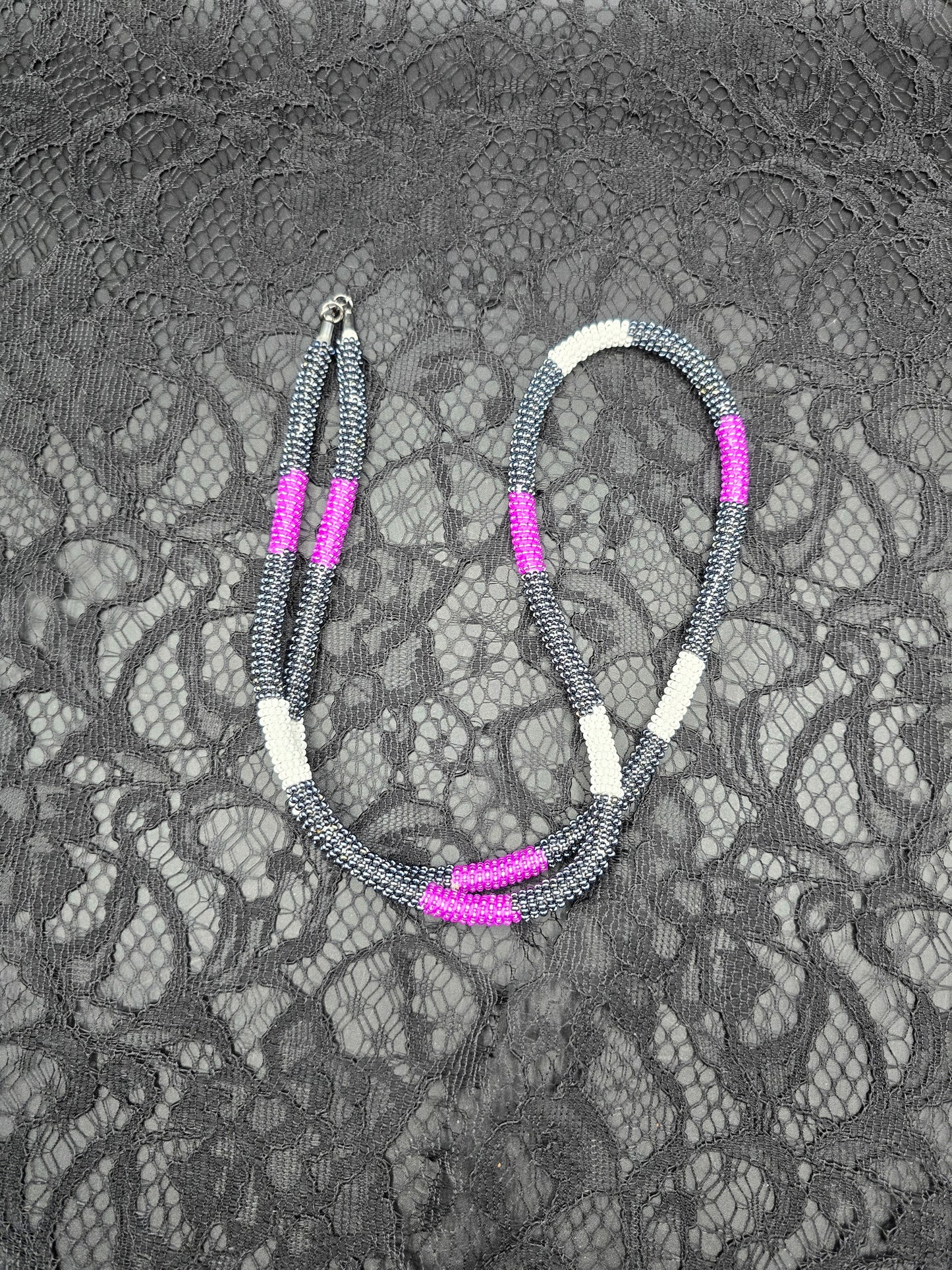 Purple, Black and White Beaded Necklace