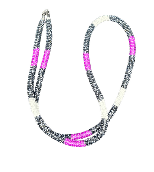 Purple, Black and White Beaded Necklace