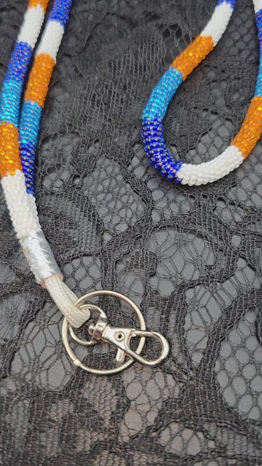 Blue, Orange and White Beaded Keychain Lanyard