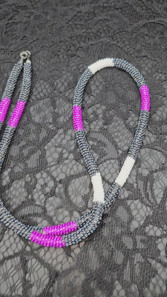 Purple, Black and White Beaded Necklace