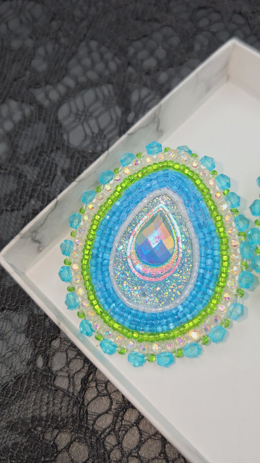 Blue, green and White Peacock Beaded Earrings